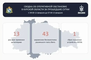 В Курской области за минувшие сутки отразили 43 атаки БПЛА и зафиксировали 13 обстрелов