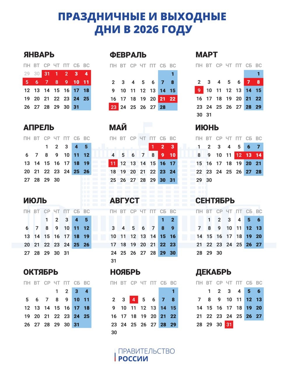 Подписано постановление о праздничных и выходных днях для россиян в 2026 году